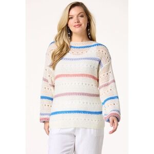 Cato Striped Knit Sweater Open Weave Pullover Lightweight Cream Blue‎ Medium